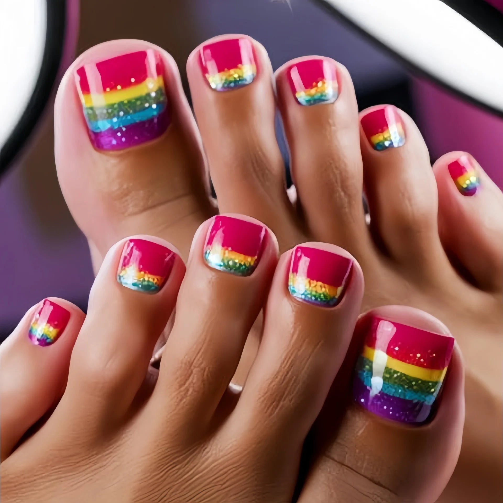 Ingvn  24Pcs Ins Colorful Rainbow Toe Nail Tips Wearable Short Square Head Press on False Nails Glitter Cat's Eye Fake Manicure Summer