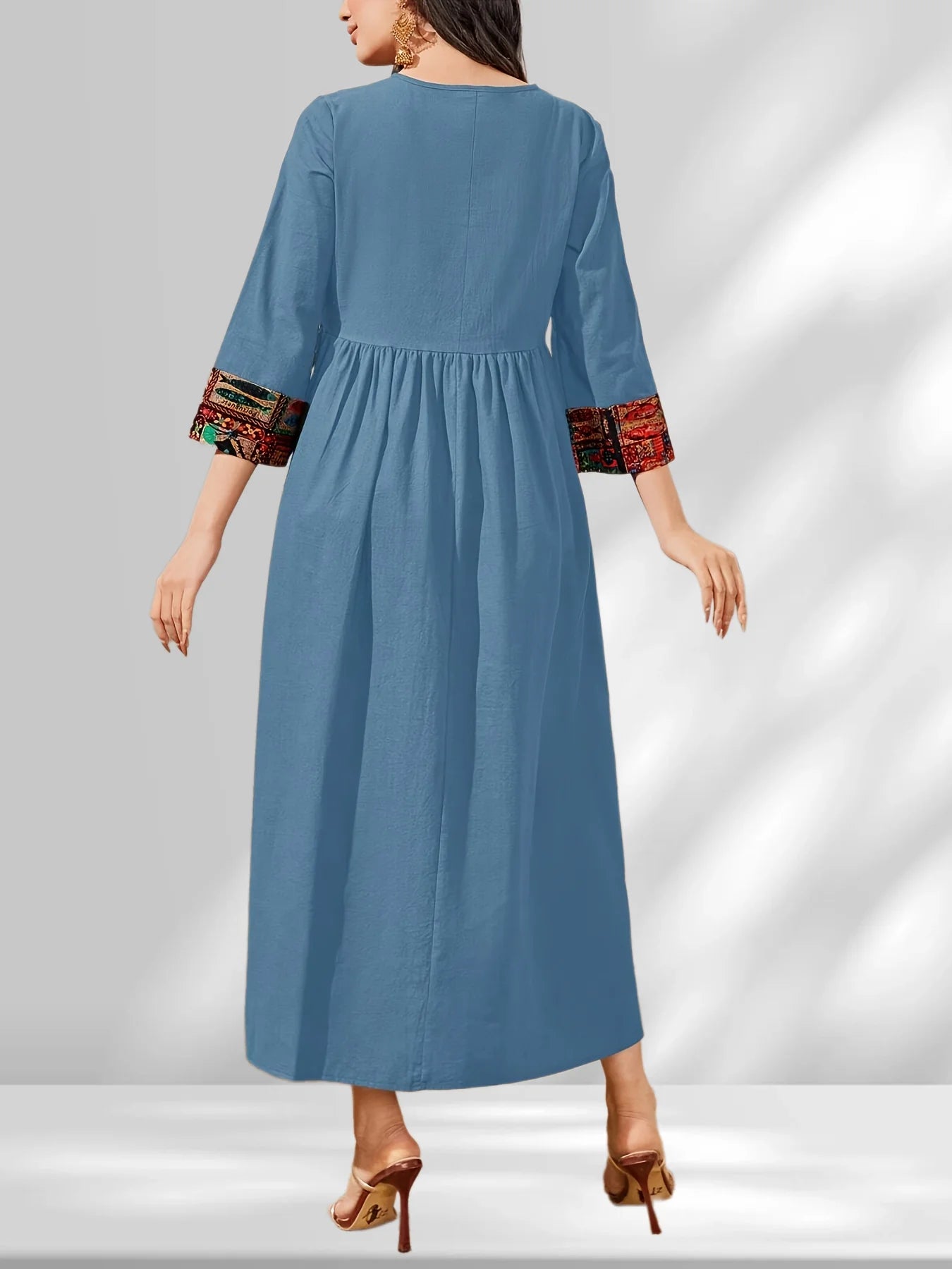 Ingvn  Fashion Women's V-neck Printed Long Maxi Dress Ladies V-neck Comfortable Long Sleeved Ankle Length Dress