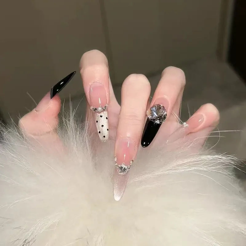 Ingvn  24pcs Nude Cat Eye Dot Black Fake Nails Rhinestone Artificial Stick-on Nails Cheap Extra Long French Press on Nails for Girls