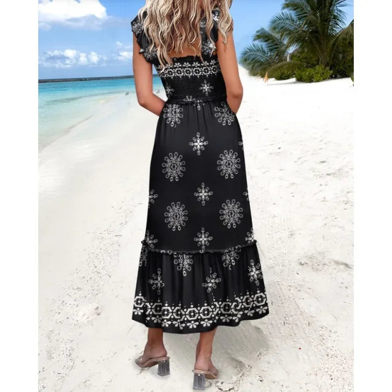 Ingvn  New Fashion Women's Waist Cinching Holiday Style Dress Ladies Elegant Sleeveless Foral Printed Elastic Waist Midi Skirt