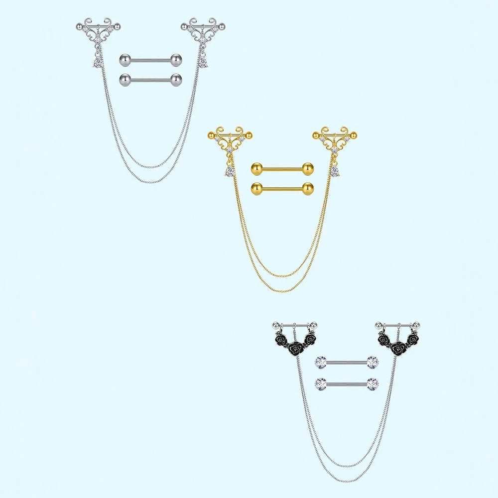 Ingvn  2Pairs Stainless Steel Nipple Rings, 14G Straight Barbell Dangle CZ Nipple Rings For Women Body Piercing Jewelry, Daily Wear