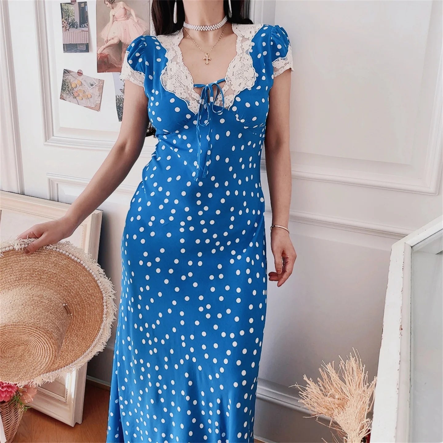 Ingvn  Blue Polka Dot Lace Bubble Sleeve Long Dress Chenopod Spring Summer Vintage Style Holiday Dress Women's H Version Polyester