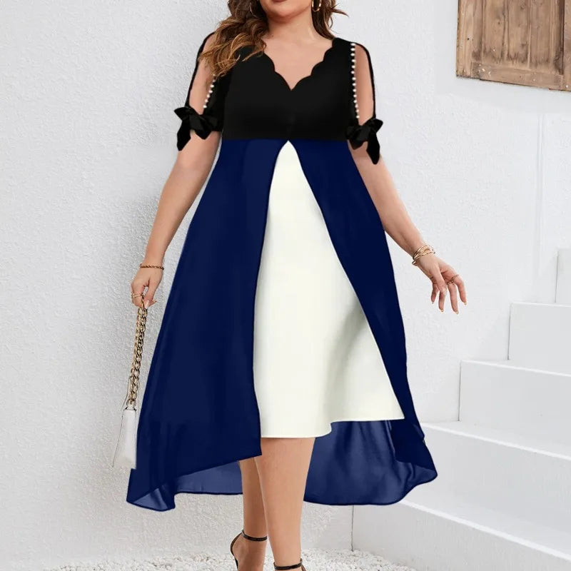 Ingvn  Spring and Summer New Women's V-Neck Patchwork Fake Two-Piece Irregular Sleeve Dress