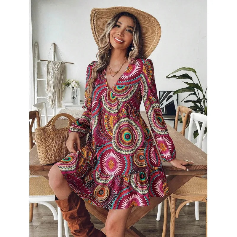 Ingvn  Women's Bohemian Geometric Print V-Neck Long Sleeve Ruffle Hem Mini Dress