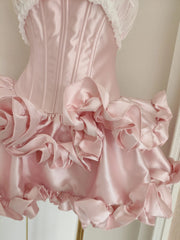Ingvn  French Elegant Sweet Socialite Princess Party Dress Bow Pleated Spliced Fishbone Strapless 3D Ruffle Short Evening Dress Women
