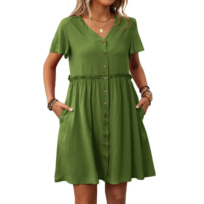 Ingvn  Summer New Women's V-neck Short-sleeve Ruffle Hem Dress