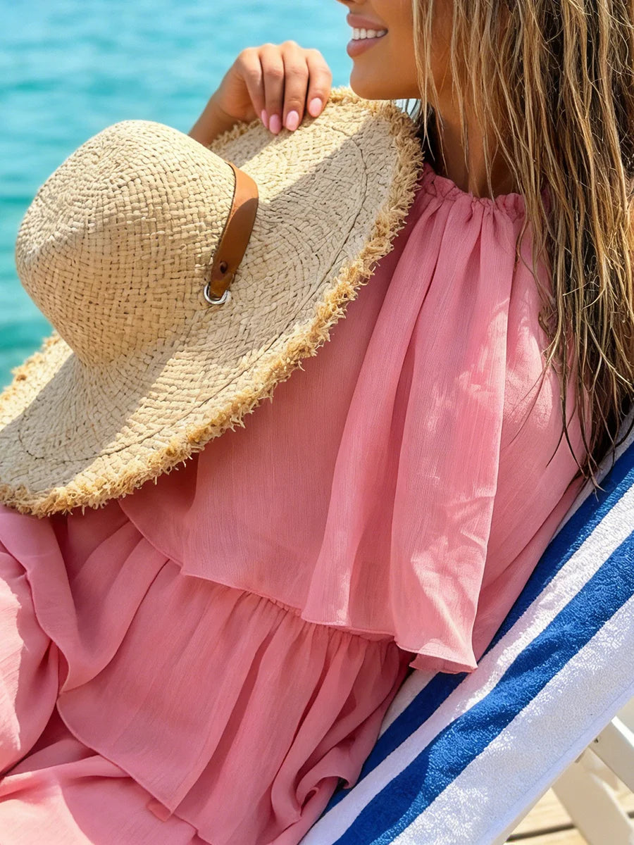 Ingvn  Solid Loose Spliced Ruffles Chic Dress for Women Halter Sleeveless Beach Vacation Dresses Female Summer Fashion New