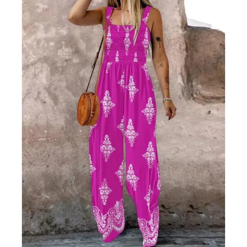 Ingvn  Plus Size New Women Print Sling Sleeveless Jumpsuits Ladies Casual Wide Leg High Waist Casual Loose Rompers