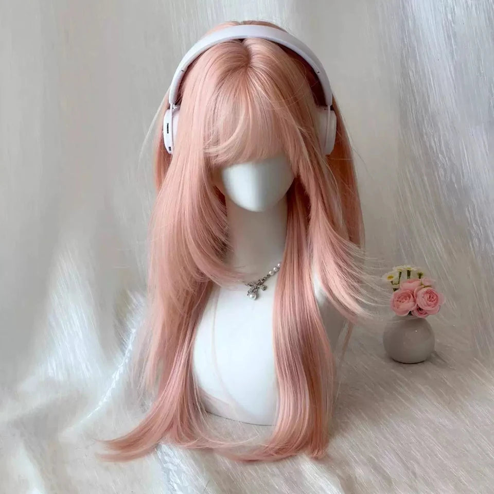 Ingvn - Long Wigs With Bangs Synthetic Natural Straight Layered Fake Hair Party Fluffy Lolita Cosplay Brown Wigs For Women Daily Use