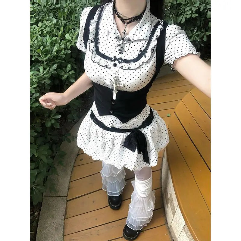 Ingvn  Subculture Kawaii Sweet Suit Hot Girls Polka Dot Top Black Belt Casual Bud Mini Skirt Sweet Cool Set Woman