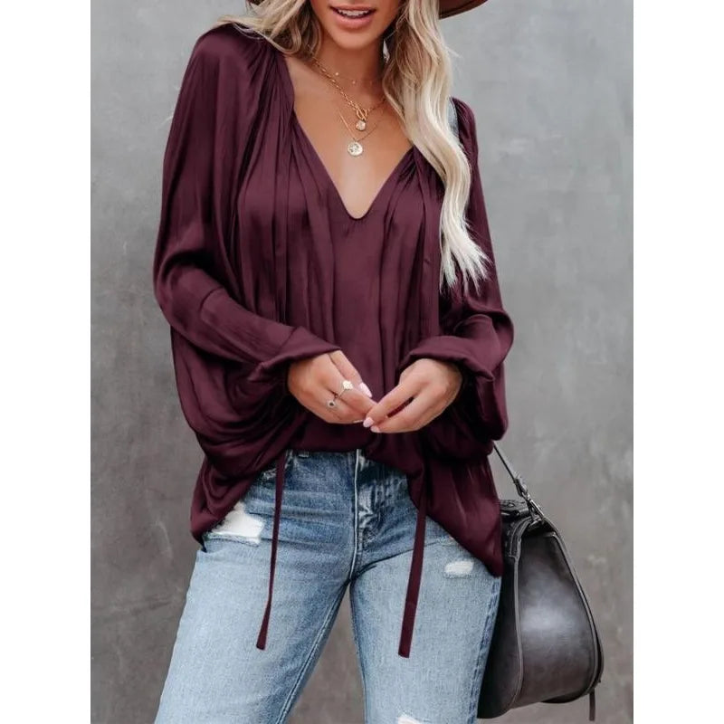 Ingvn  Plus Size 1XL-5XL Fashion Long Sleeve V Neck Office Casual Shirt Women Elegant Simple Loose Blouse Lady Pleated Solid Color Top