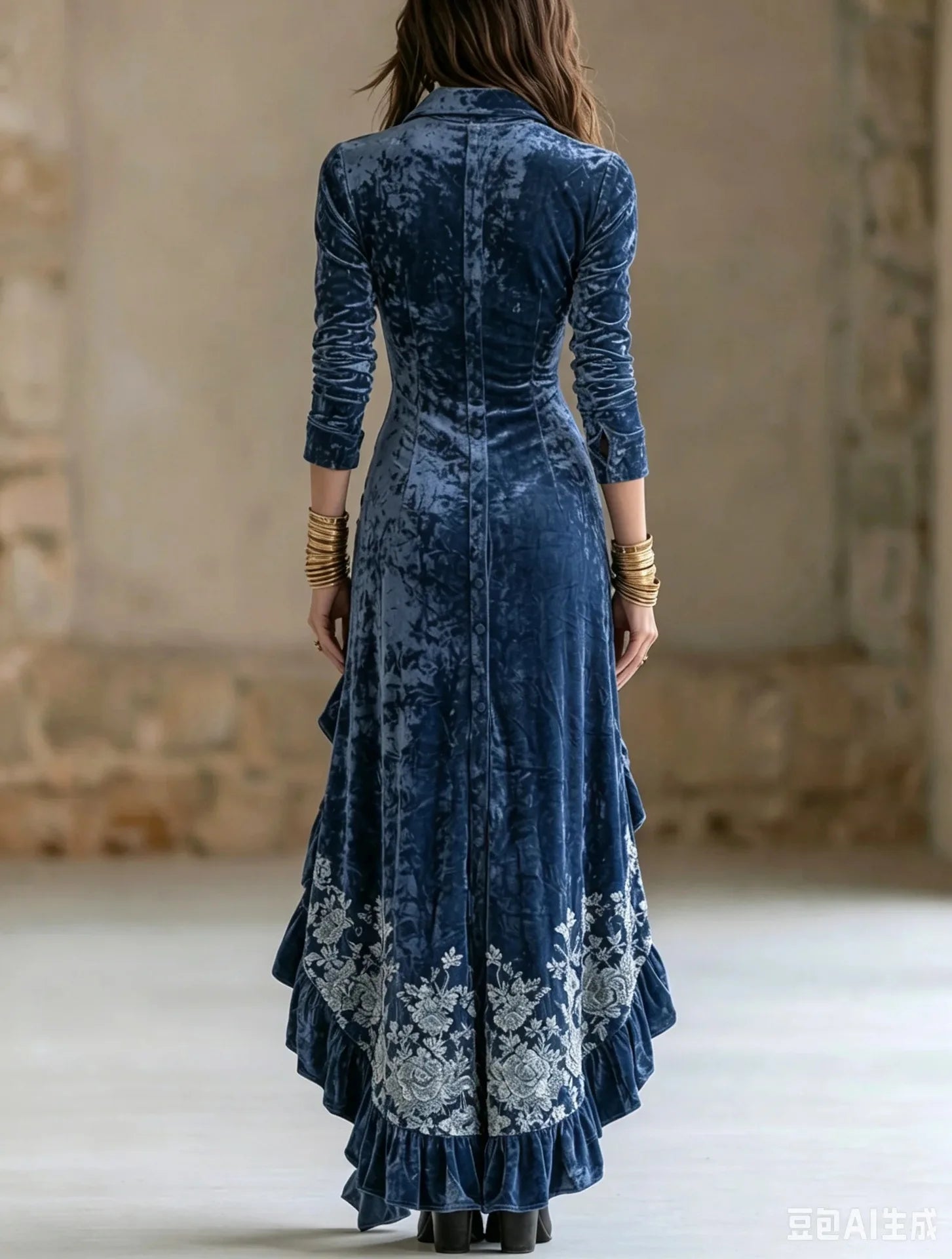 Ingvn - Women Deep V Neck Long Sleeve Dress Autumn New Swing Pleated Long Dress Autumn Long Sleeve Elegant Party Irregular Dresses