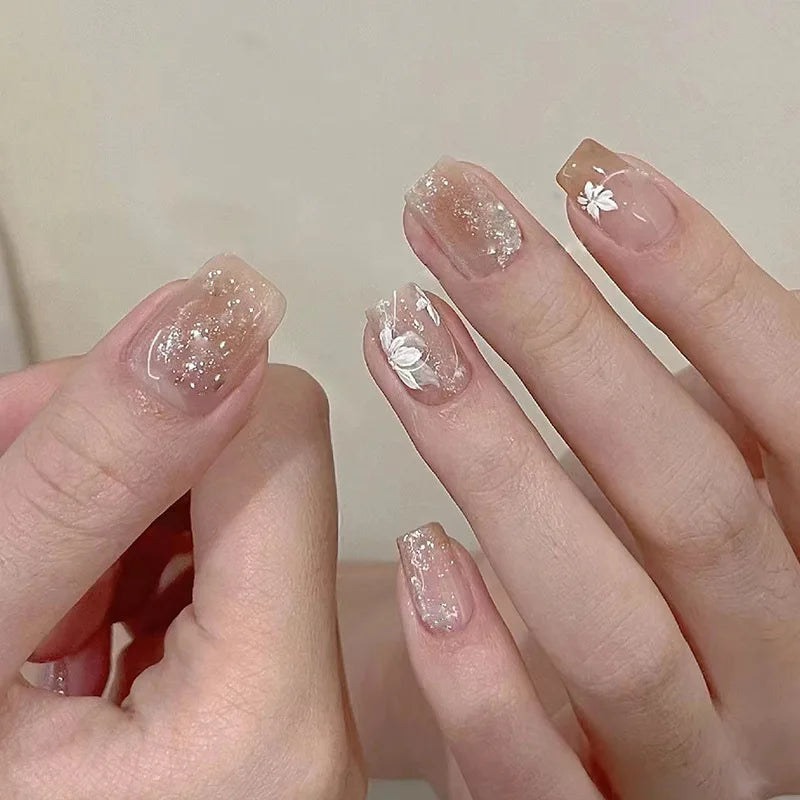 Ingvn  24Pcs Wearable Coffin Fake Nail Tips with Butterfly Camellia Designs Red Long Ballerina False Nails Press on Nails Art Manicure