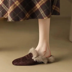 Ingvn  Slip on Simple Shoes Outwear Woman Warm Shoes Mules Natural Suede Flat Shoes for Women SlippersMules Women's Fur Flats Slippers
