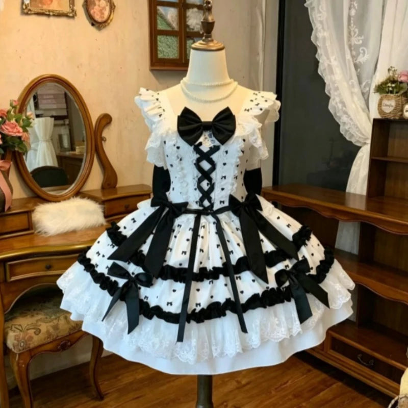 Ingvn  Japanese Harajuku Sweet Strap Lolita Dress Women Y2K Vintage Lace Bow Ruffle Cake dress Slim Bandage Summer Daily Stylish
