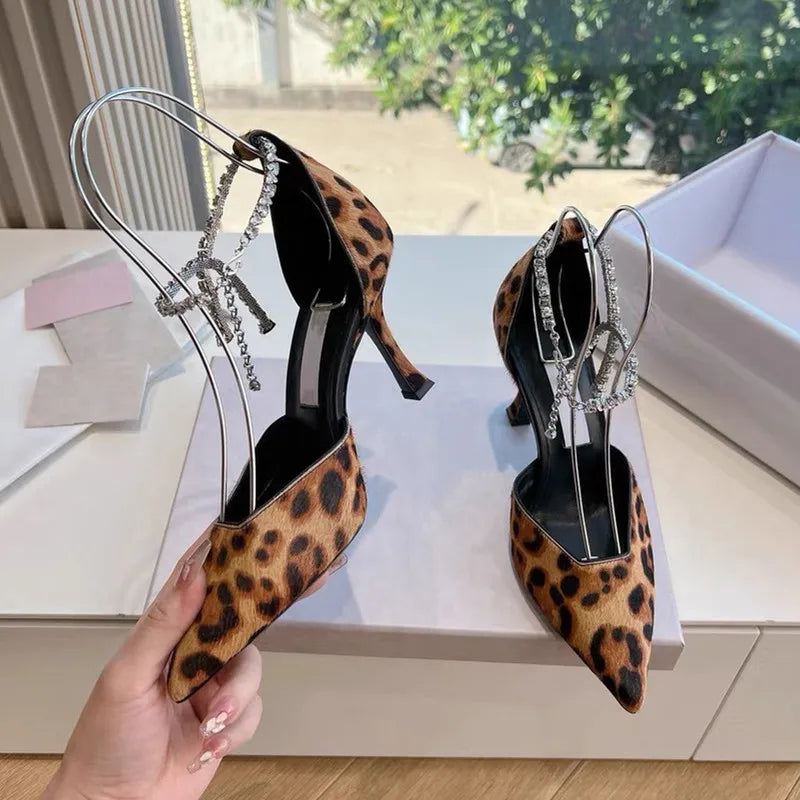 Ingvn  Star style Fashion Patent Leather Rhinestones Chains Women Pumps Elegant Pointed toe Ankle Strap Thin High heels Summer Shoes