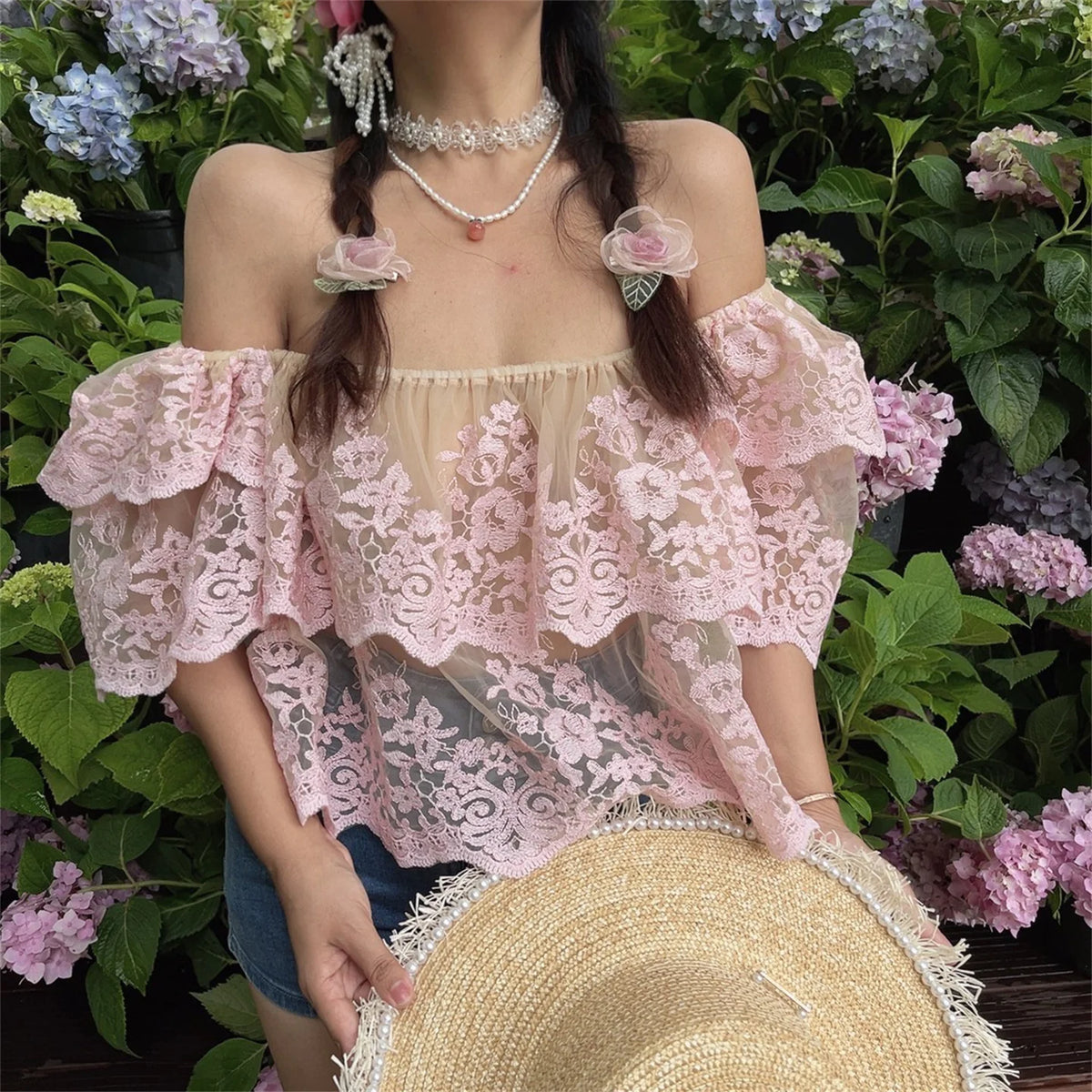 Ingvn  Sexy One-Shoulder Lace Shirt Spring Summer Vacation Floral  Small Shirt Chenopod Polyester Fiber Bubble Sleeve Short Sleeve
