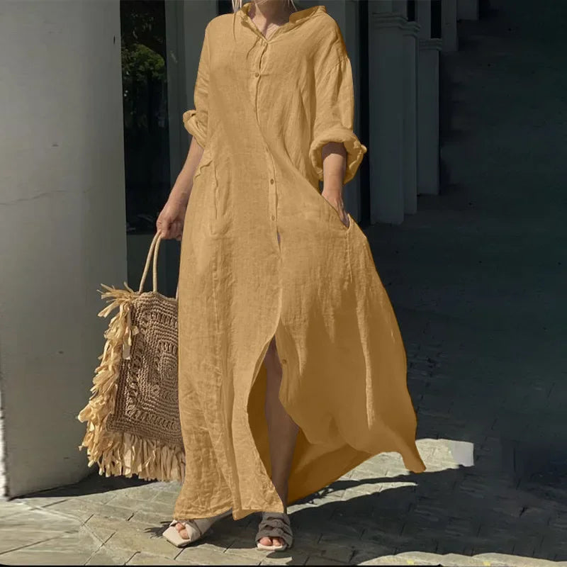 Ingvn  Summer Women's Solid Color Oversized Loose Pocket Flip Collar Casual Long Dress Button Loose Oversized Dress
