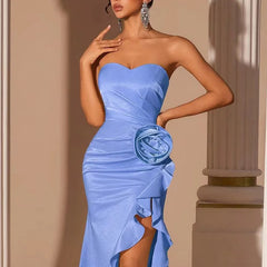 Ingvn  French Style Elegant Celebrity Sexy Evening Dress Strapless Sleeveless 3D Flower High Waist Split Irregular Long Dresses Women