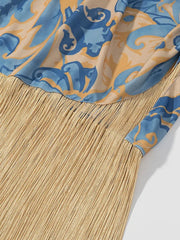 Ingvn  Colorblock Printing Midi Dress for Women V Neck Sleeveless High Waist Patchwork Tassel Evening Dresses Female Style