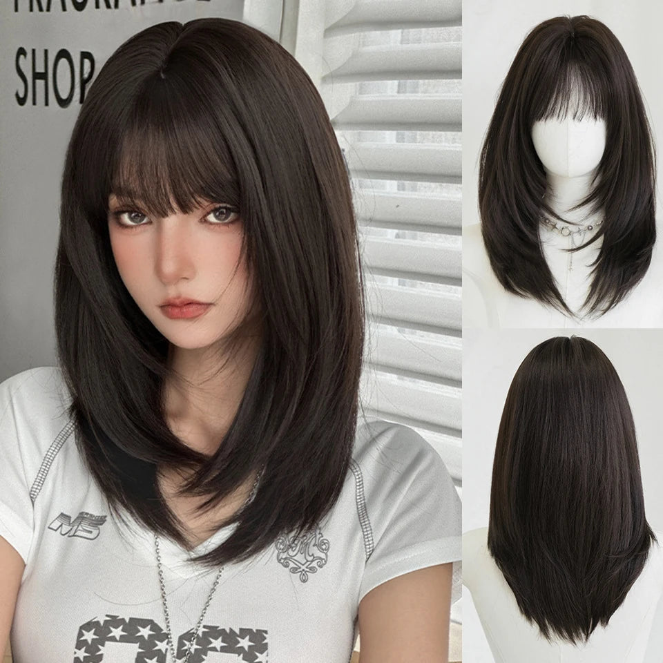 Ingvn  ﻿ Short Brown Straight Synthetic Wig with Bangs Curly Hair Pink Green Lolita Wigs for Women Daily Party Cosplay Christmas Wig