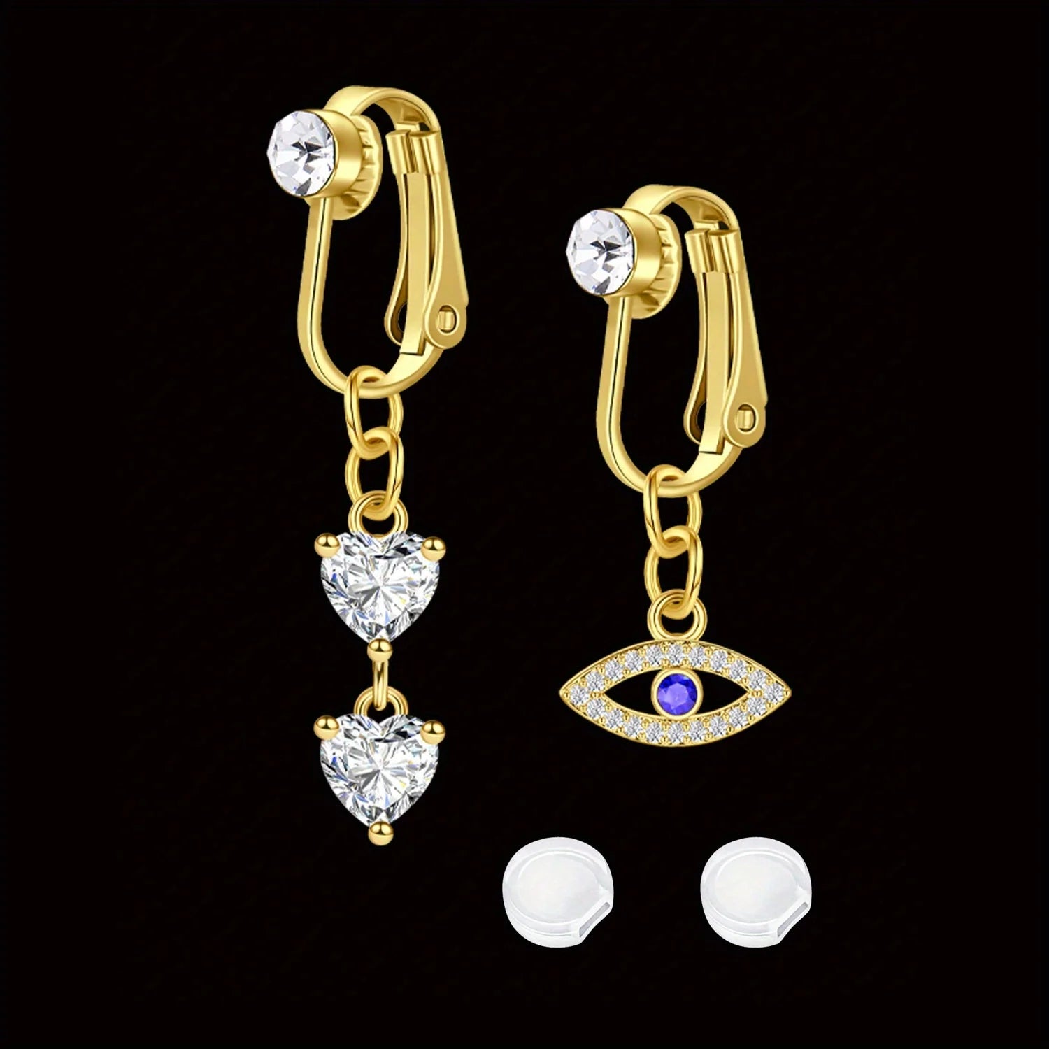 Ingvn  2 Pcs Elegant Clip-On Fake Belly Button Rings for Women - 304 Stainless Steel, Heart, Butterfly & More Designs, Ideal Gift