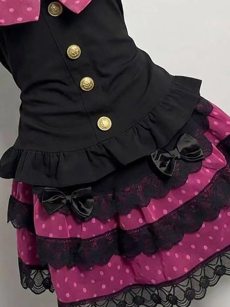 Ingvn  Y2K Kawaii Lolita Skirt Sets Women Sweet Ruffle Tops High Waist Slim Skirt 2 Piece Japanese Vintage Casual Outfits