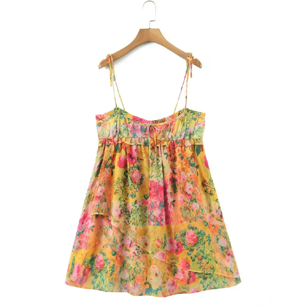 Ingvn  Women Bow Lacing up Sling Robe Holiday BOHO Ruched Chest Orange Flower Print Spaghetti Strap Mini Dress