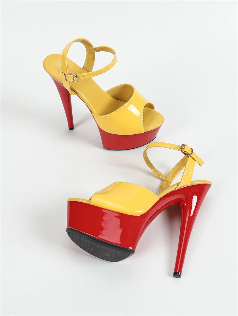Ingvn  New Yellow Red Women Fashion Buckle Strap Platform Sandals Runway Sexy Peep Toe Super High Heels Wedding Prom Shoes