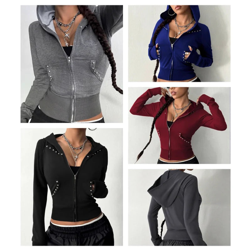 Ingvn - European American Style Spring Autumn New Hooded Womens Sweatshirt Fashion Trendy Slim Fit Versatile Beaded Cardigan Coat