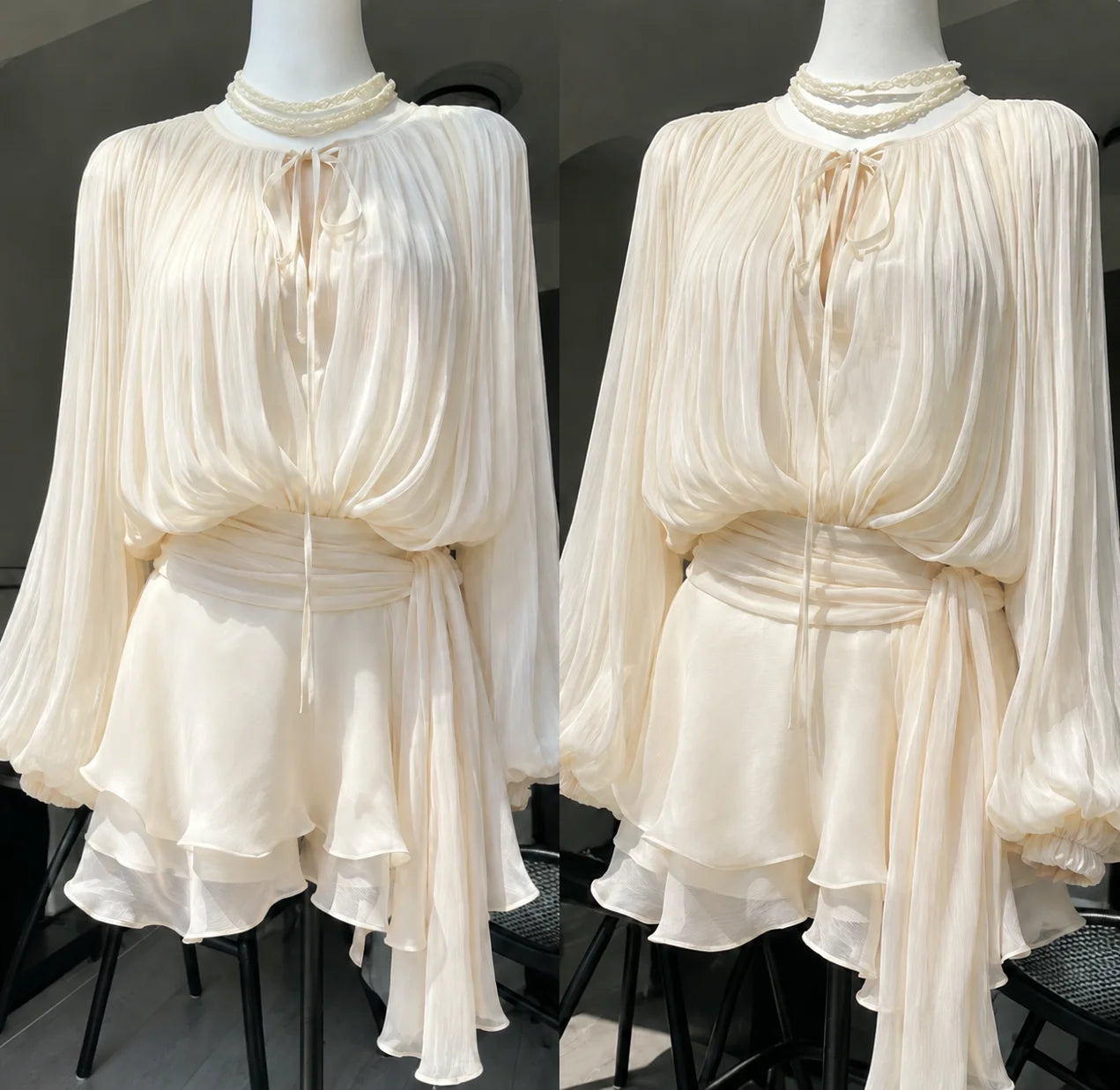 Ingvn  French Elegant Vintage Black Chiffon Dress Long Sleeve V Neck Autumn Women Sweet Dress Casual Holiday Evening Party Wear