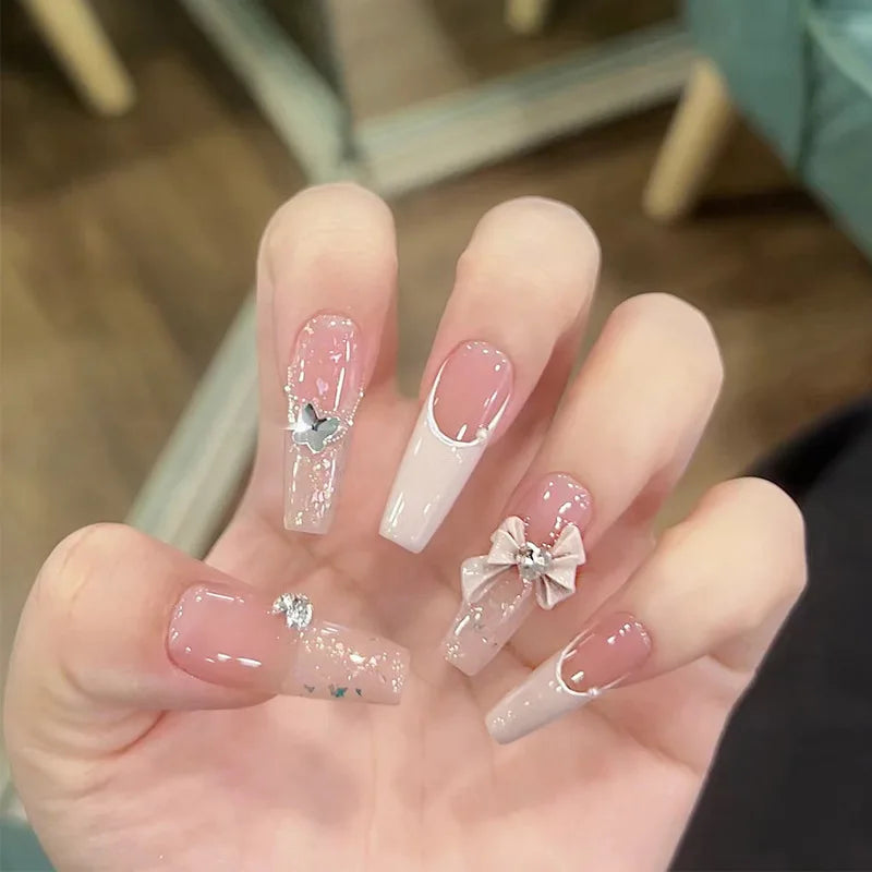 Ingvn  24Pcs Pink Ballet Fake Nails Full Cover Nail Tips Long Ballet False Nails with Rhinestone Chain Design Wearable Press on Nails