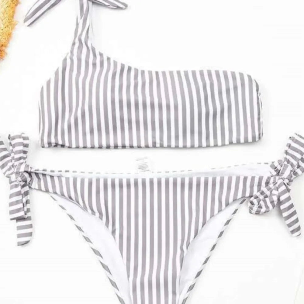 Ingvn  Summer Sexy Bow One Shoulder Striped Bikini Lacing Up Bandage Low Waist Swimsuit Set Two Piece Swimwear Beachwear
