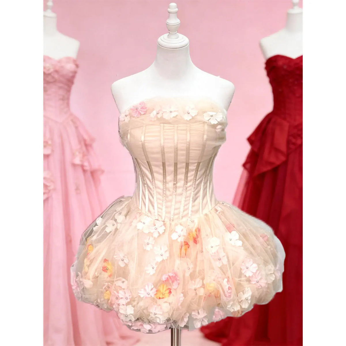 Ingvn  Summer New Sweet Elegant Princess Birthday Party Dress Sleeveless Strapless Corset Slim Fit 3D Flower Puff Dress for Women
