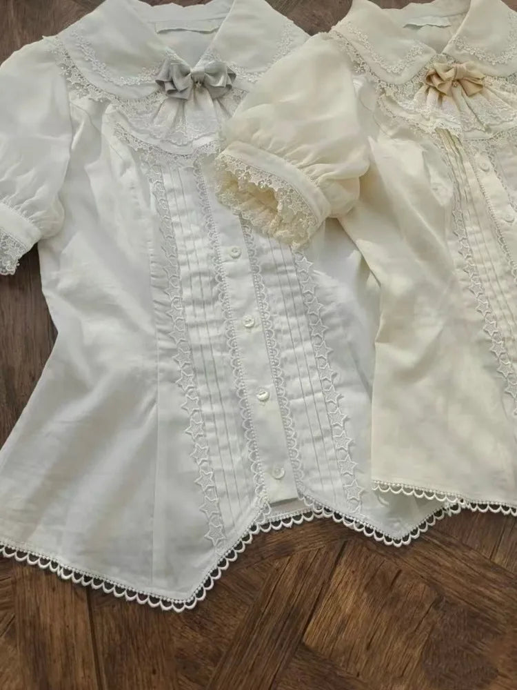 Ingvn  Japanese Harajuku Sweet Lolita Short Sleeve Blouse Women Y2K Lace Bow Subcultural Cute Daily Streetwear Outfit