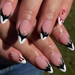 Ingvn  24Pcs Halloween False Nails with Almond Head Design Mid-length French Fake Nails Bat Wearable Oval Press on Nails Manicure Tools