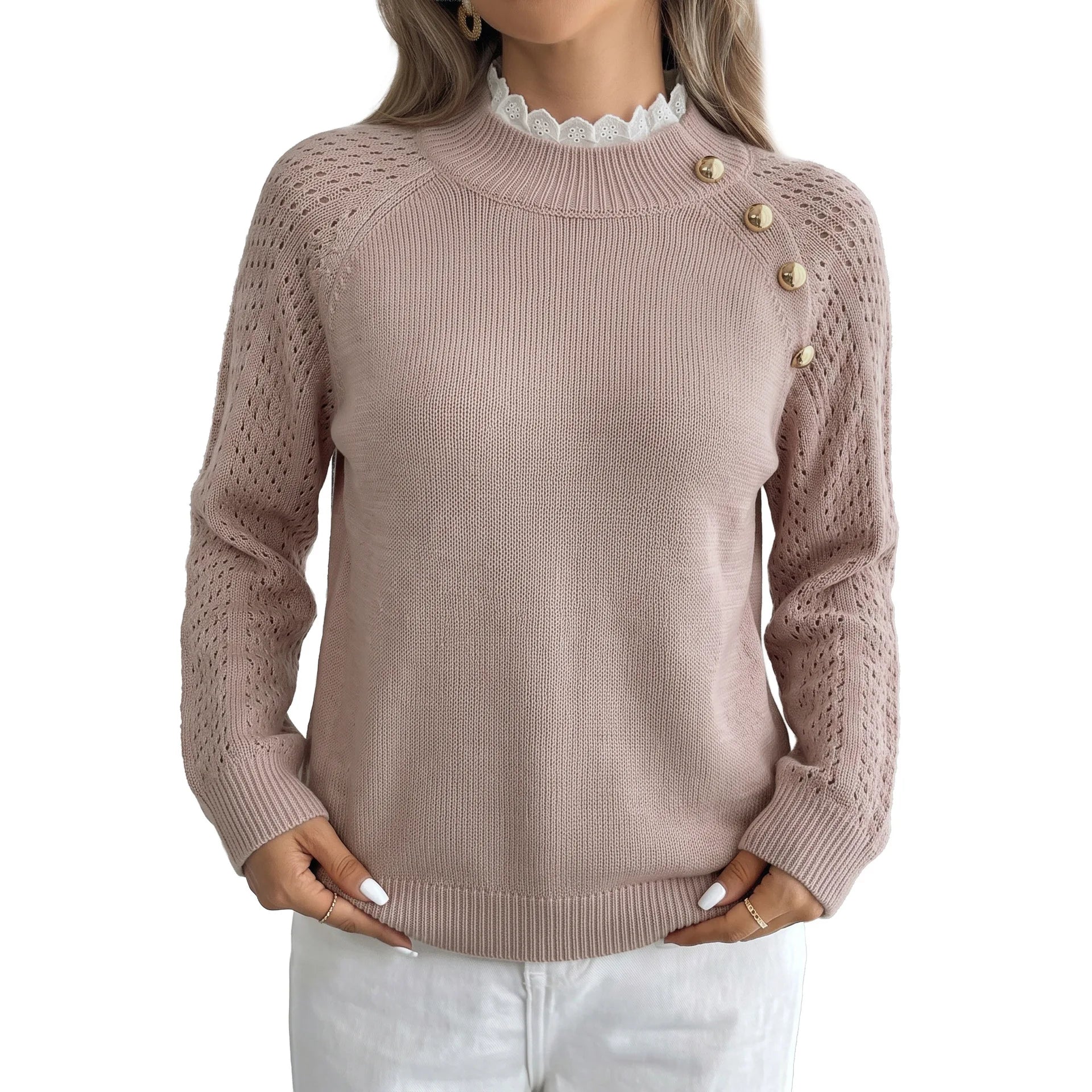 Ingvn - Fashion Lace O-neck Knitted Pullover Woman's New Casual  Loose Long Sleeved Sweater Ladies Autumn Winter Chic Office Sweaters