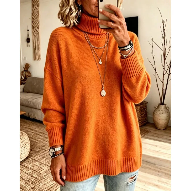 Ingvn - Women Turtleneck Knit Sweater Loose Long Sleeve Pullover Thick Autumn Winter Base Layer Top