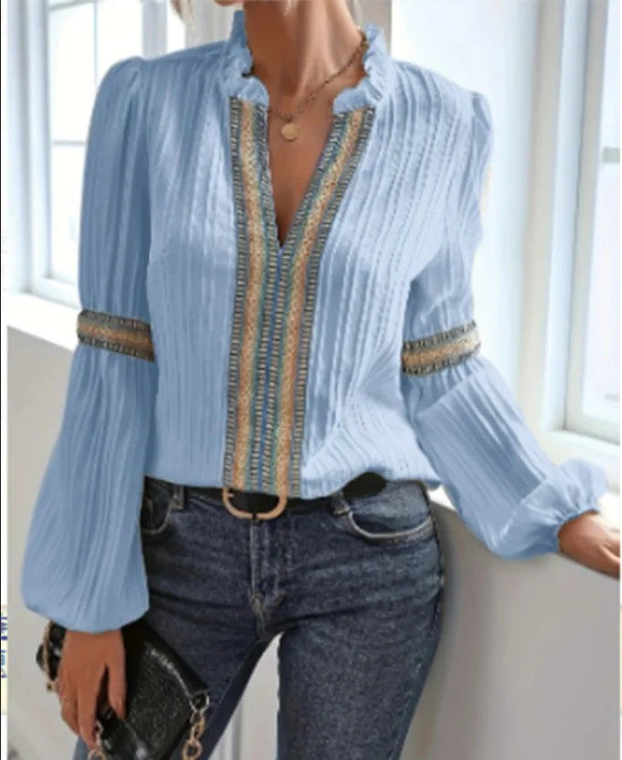 Ingvn  Spring Women's Clothing Lantern Sleeve Blouse With Lace Trim Stand Collar Long Sleeve Polyester Chiffon Casual Top For Woman