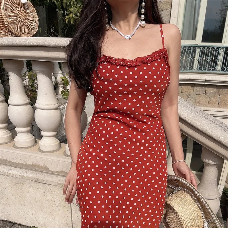 Ingvn  Summer Spring Polka Dot Wooden  Long Belted Halter Neck Gown Women's Holiday Strap Dress Fairy Skirt Style No Sleeve U Neck