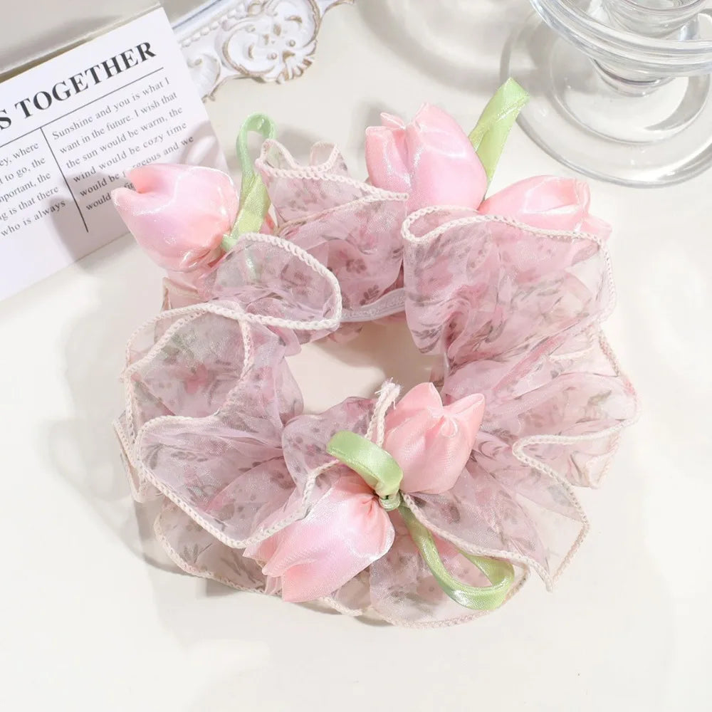 Ingvn  Sweet Cute Floral Mesh Scrunchie Sweet Dot Mesh Ruffled Sheer Tulle Flower Hair Rope French Romantic Large Hair Ties