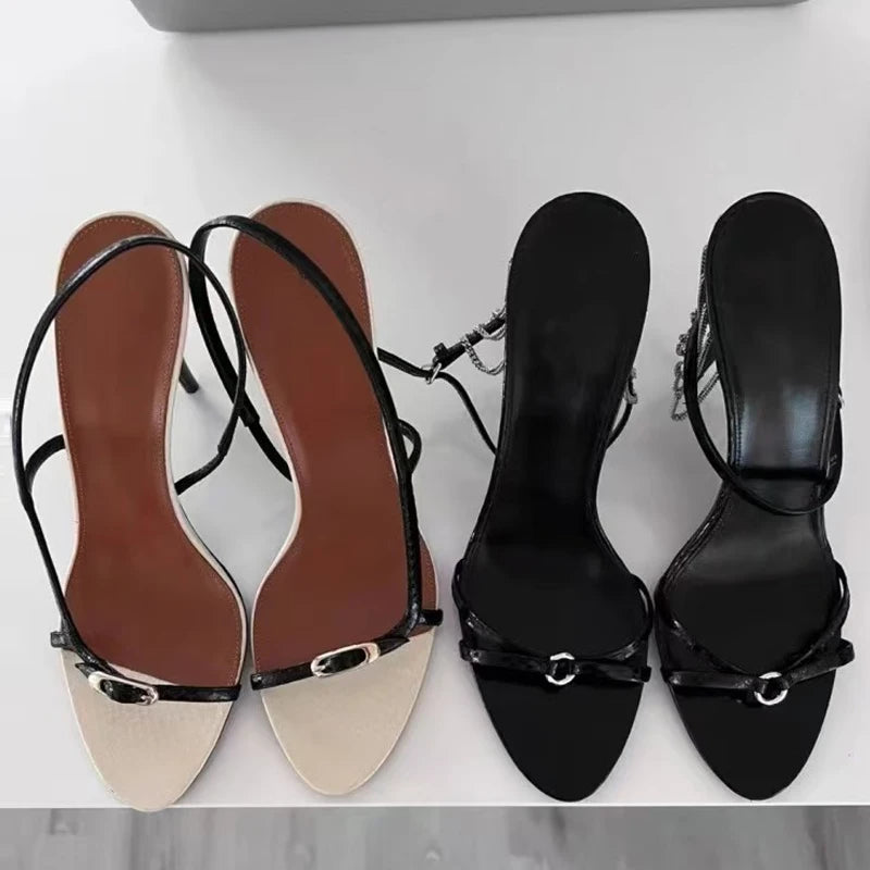 Ingvn  Summer Fashion Buckle Open Toe Slip On Back Strap Sandals Women Black White High Heels Wedding Prom Shoes Zapatos Mujer