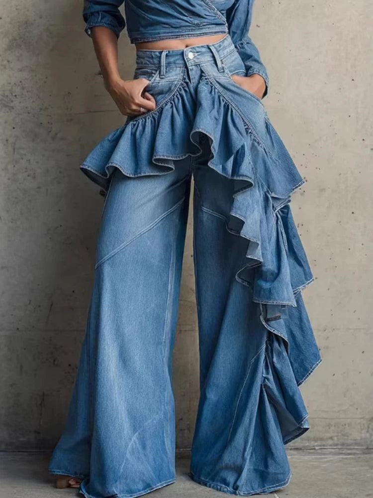 Ingvn  Blue Womens Jeans High Waist Vintage Design Hip Hop Straight Baggy Denim Pants Street Y2K American Style Wide Leg Denim Trouser