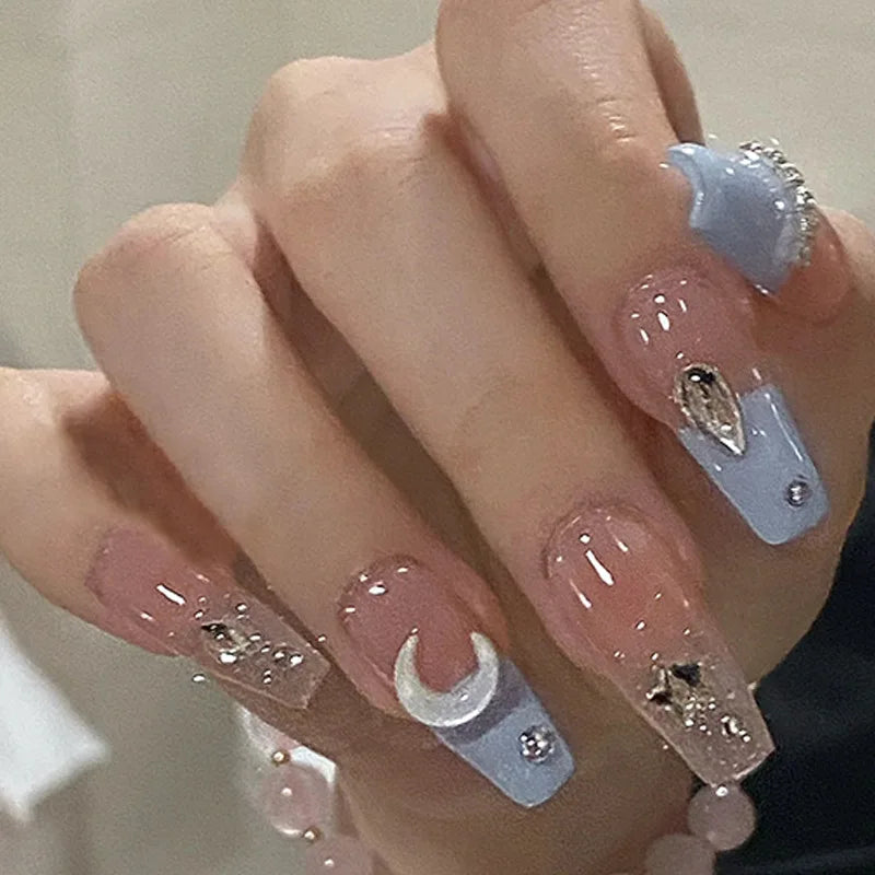 Ingvn  24Pcs Pink Ballet Fake Nails Full Cover Nail Tips Long Ballet False Nails with Rhinestone Chain Design Wearable Press on Nails