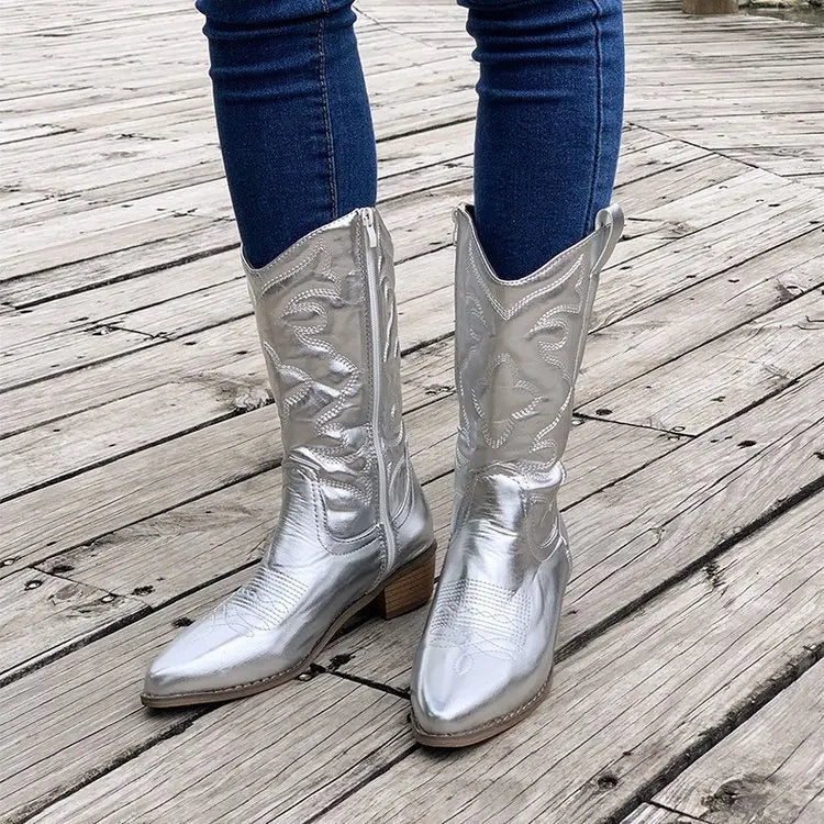 Ingvn  Fashion Mid-calf Boots Woman Side Zipper Pointed Western Cowboy Boots Retro Candy Color Women Boots Plus Size 36-43 Botas Mujer