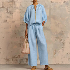 Ingvn  Womens Matching Sets Summer Casual Loose Zipper Tops And Wide Leg Pants 2 Piece Set Outfits Women Elegant