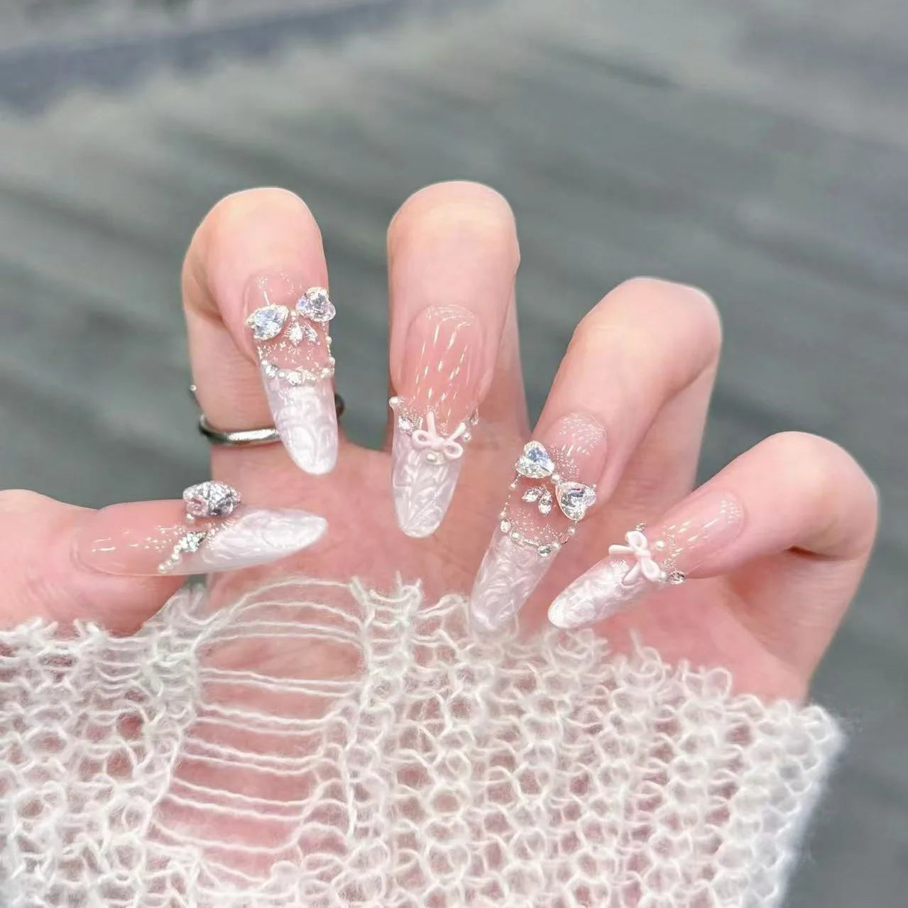 Ingvn  10Pcs Butterfly Rhinestone Full Cover Nail Tips Almond White French Handmade False Nails Press on Wearable Oval Fake Manicure