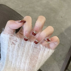 Ingvn  10pcs Red Press on Nails Aesthetic French Fake Nails with Design Reusable Adhesive Nail Tips Self-adhesive Stick-on Nails