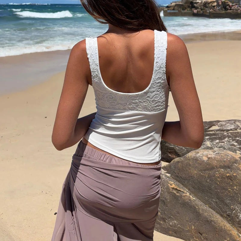 Ingvn  Womens Summer Y2k Floral Lace Patchwork Tank Tops Sleeveless Ruched Bust Keyhole Front Slim Fit Crop Camis Streetwear