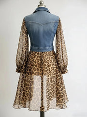 Ingvn  Vintage Chiffon Leopard Women Denim Coat Turndown Collar See-Through Long Sleeve Slim Fit Top Elegant Single-breasted Jackets